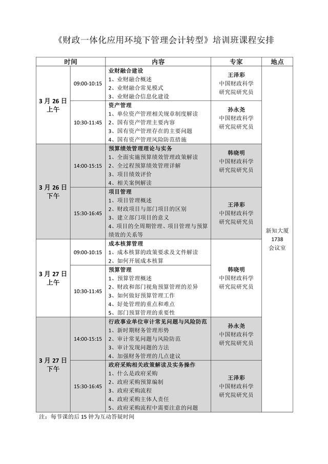 《财政一体化应用环境下管理会计转型专题培训班》课程安排