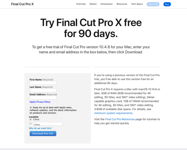 苹果：为Final  Cut  Pro  X等专业App提供90天免费试用