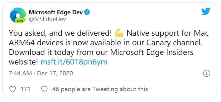 微软Edge浏览器现已原生支持苹果M1 Mac